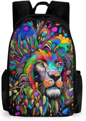 Women Men Polyester Africa Colorful Lion Watercolor Art Casual Daypack Large Capacity Bookbag With Side Pockets for Sports Picnic Walking Cycling