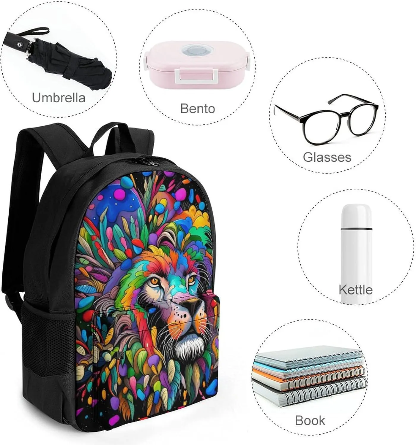 Women Men Polyester Africa Colorful Lion Watercolor Art Casual Daypack Large Capacity Bookbag With Side Pockets for Sports Picnic Walking Cycling