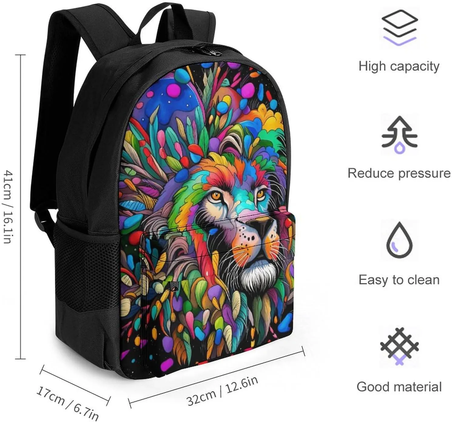 Women Men Polyester Africa Colorful Lion Watercolor Art Casual Daypack Large Capacity Bookbag With Side Pockets for Sports Picnic Walking Cycling