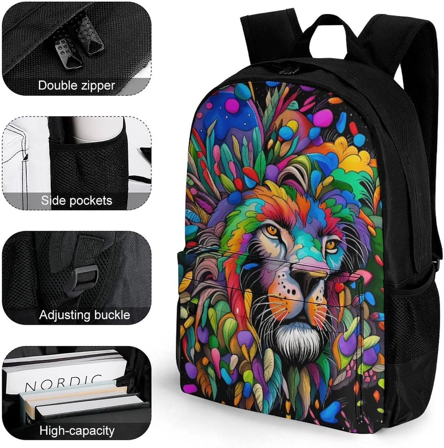 Women Men Polyester Africa Colorful Lion Watercolor Art Casual Daypack Large Capacity Bookbag With Side Pockets for Sports Picnic Walking Cycling