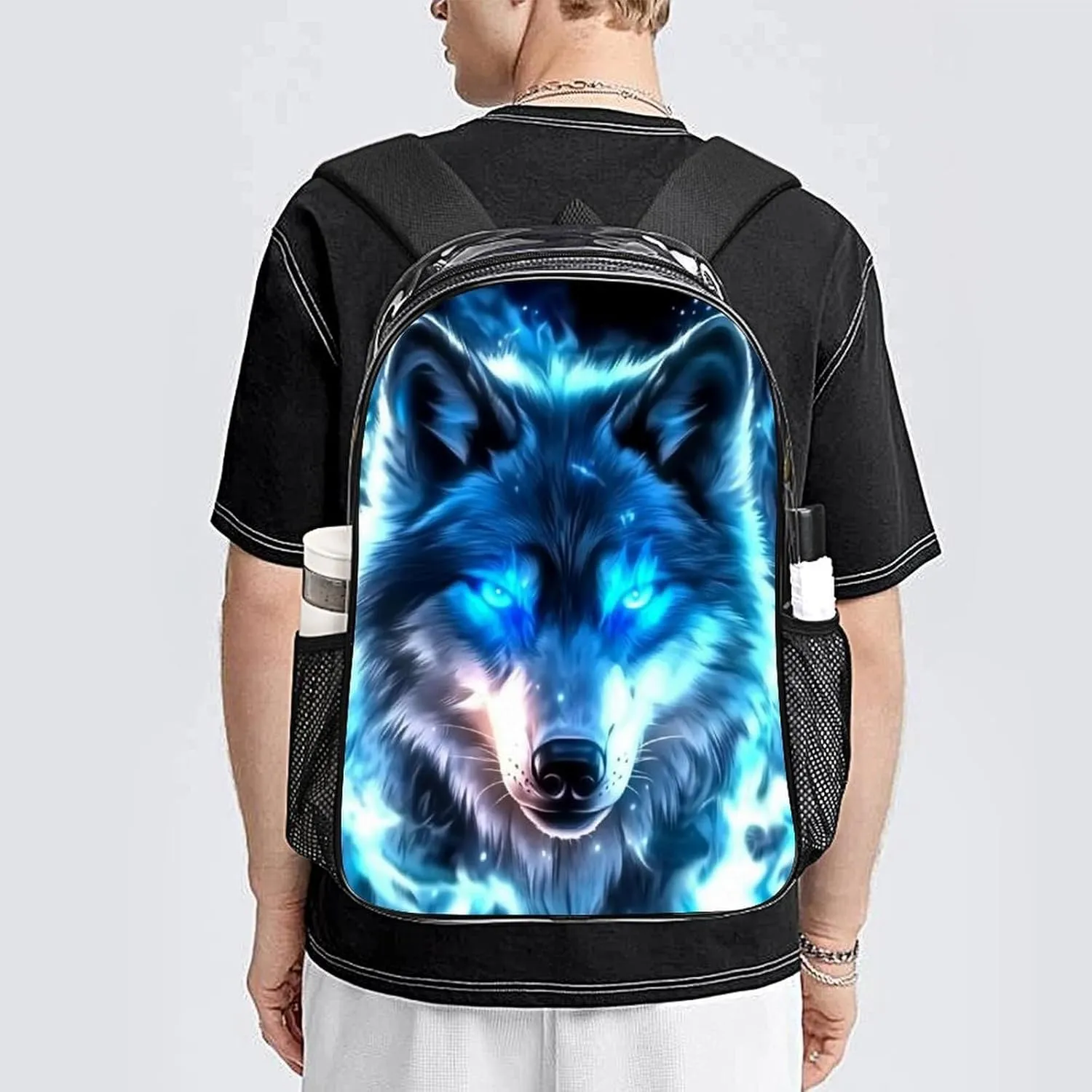 Women Men Transparent Amazing Lighting Blue Fire Flame Wolf Casual Daypack Large Capacity Bookbag With Side Pockets for Sports Picnic Walking Cycling