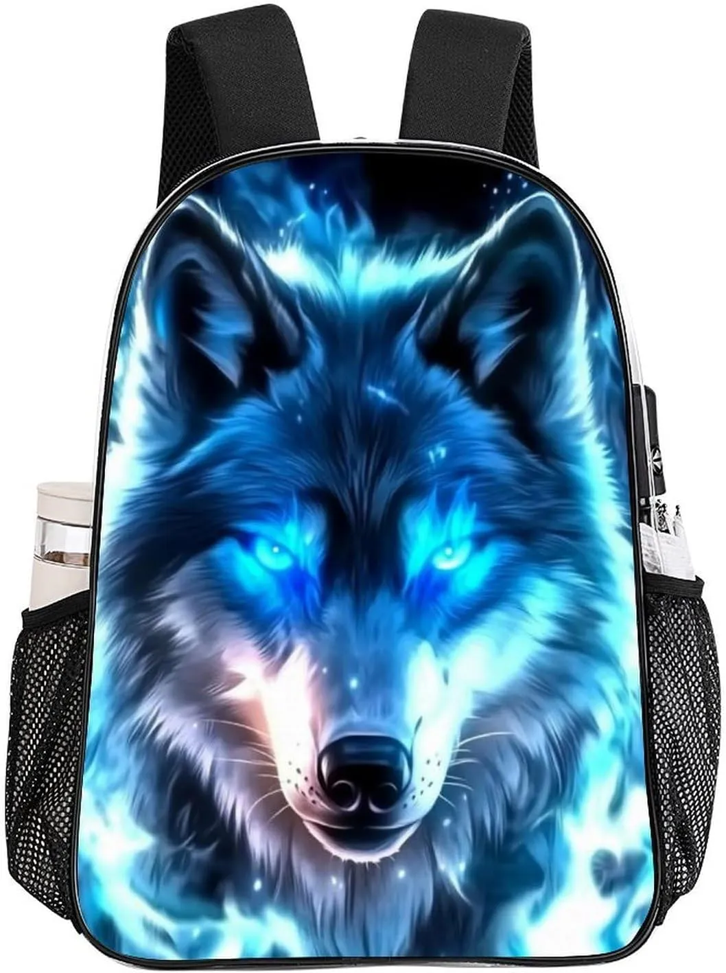 Women Men Transparent Amazing Lighting Blue Fire Flame Wolf Casual Daypack Large Capacity Bookbag With Side Pockets for Sports Picnic Walking Cycling