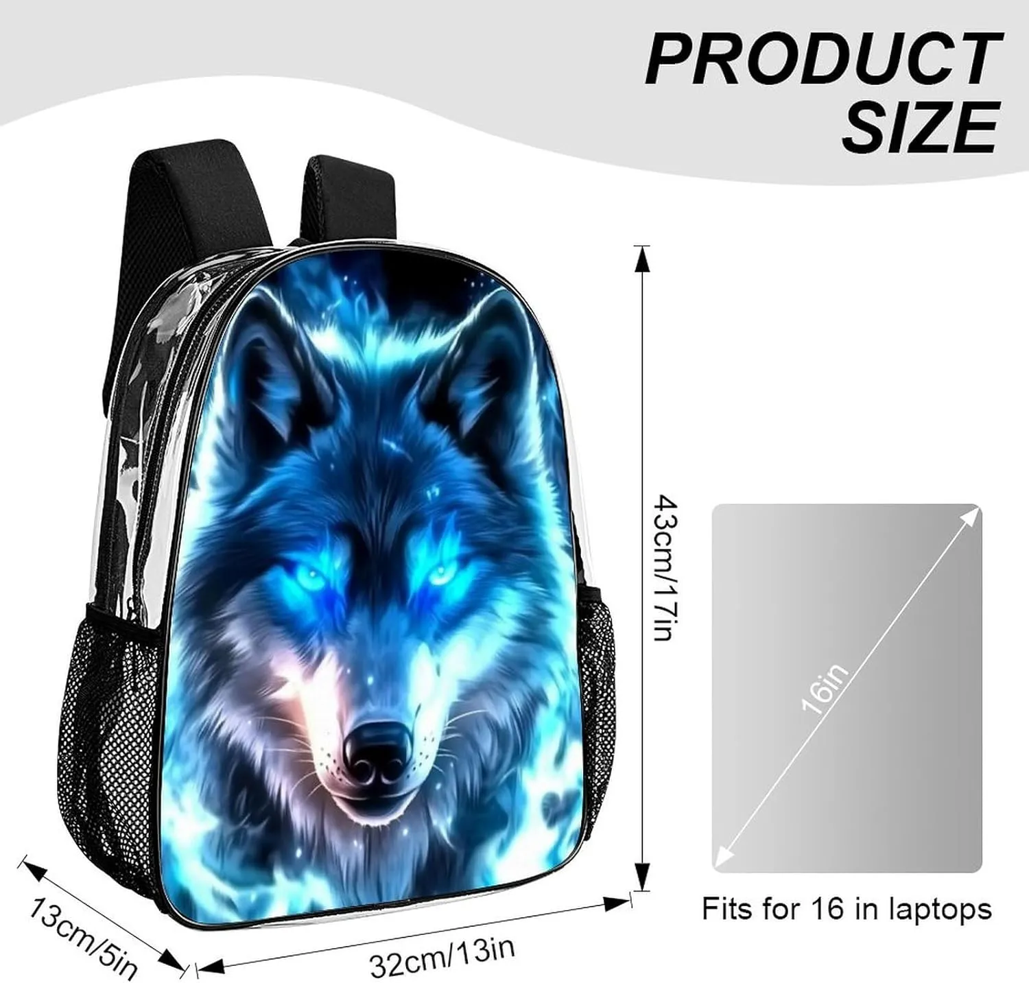 Women Men Transparent Amazing Lighting Blue Fire Flame Wolf Casual Daypack Large Capacity Bookbag With Side Pockets for Sports Picnic Walking Cycling