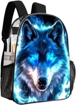 Women Men Transparent Amazing Lighting Blue Fire Flame Wolf Casual Daypack Large Capacity Bookbag With Side Pockets for Sports Picnic Walking Cycling