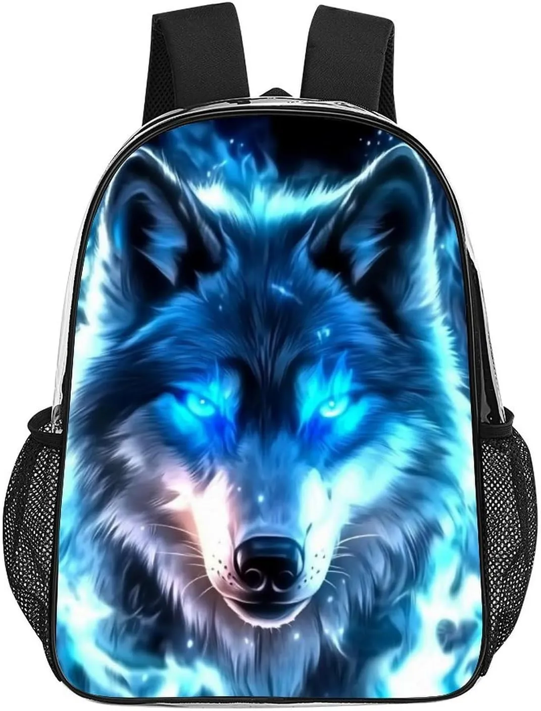 Women Men Transparent Amazing Lighting Blue Fire Flame Wolf Casual Daypack Large Capacity Bookbag With Side Pockets for Sports Picnic Walking Cycling