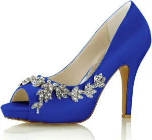 Women Peep Toe Platform Rhinestones Bridal Pumps Satin Stiletto Heels Slip On Wedding Bride Shoes with Crystal High Heel Wedding Pump