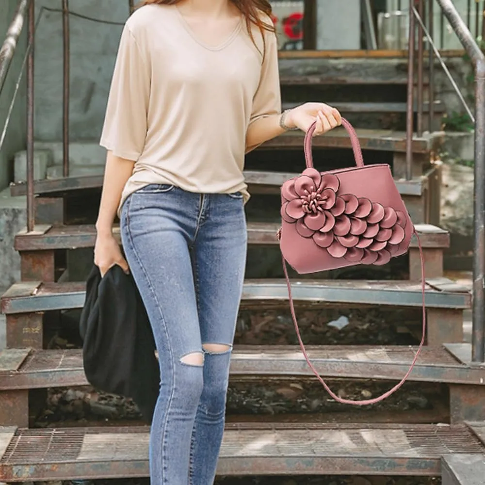 Women Petal Top Handle Handbag Purse PU Zipper Satchel Crossbody Shoulder Bag Tote Black