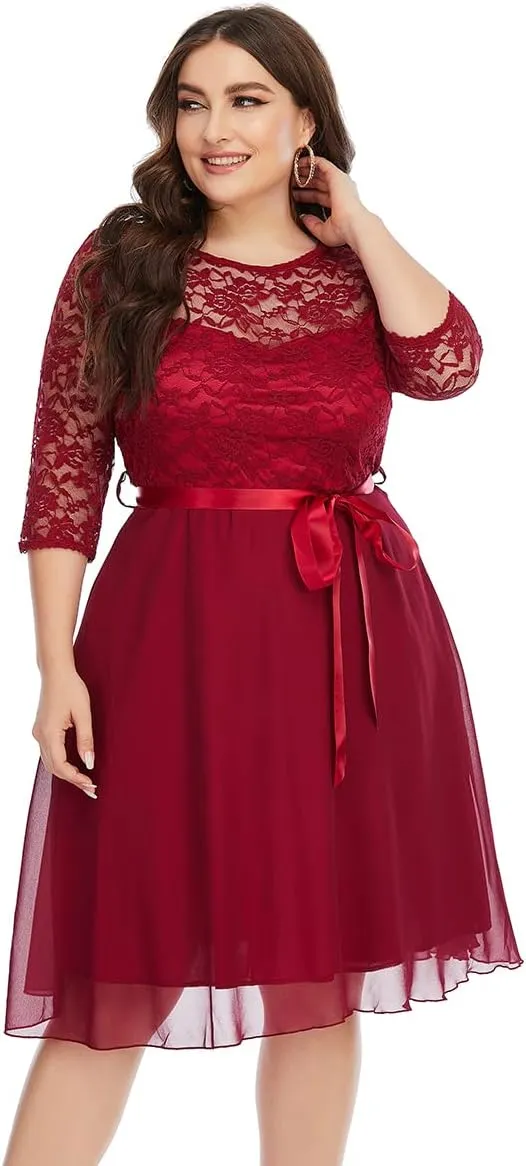 Women Plus Size Floral Lace Chiffon 3/4 Sleeve Cocktail Dress Mesh Knee Length Semi Formal Prom Fit Wedding Guest Midi Dress