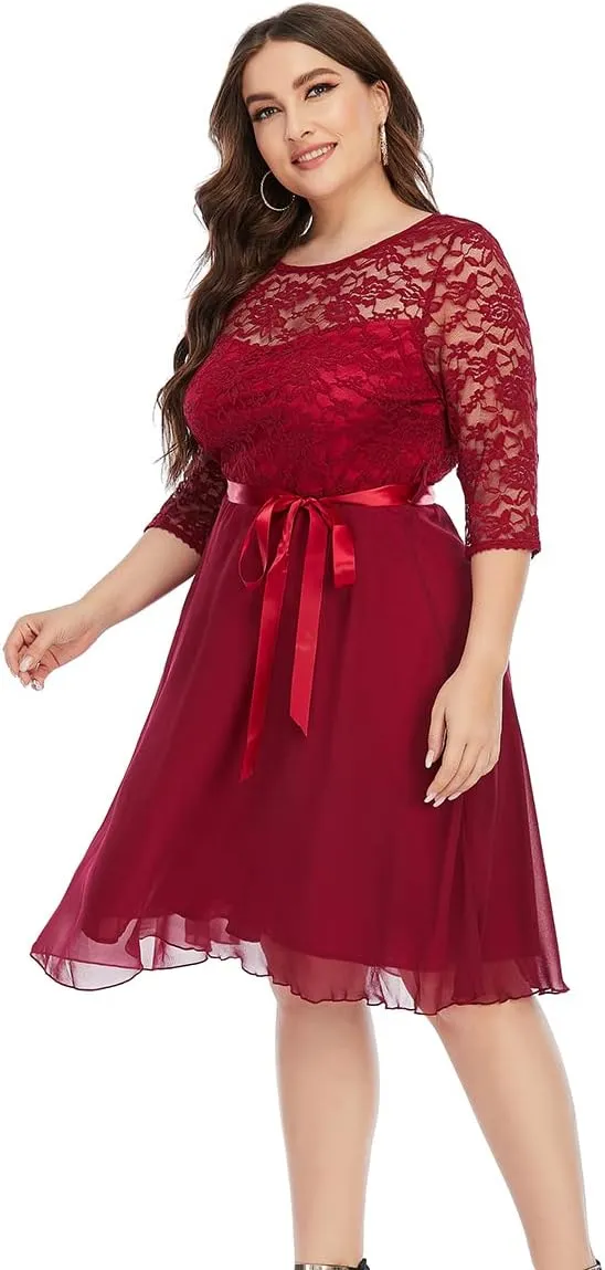 Women Plus Size Floral Lace Chiffon 3/4 Sleeve Cocktail Dress Mesh Knee Length Semi Formal Prom Fit Wedding Guest Midi Dress