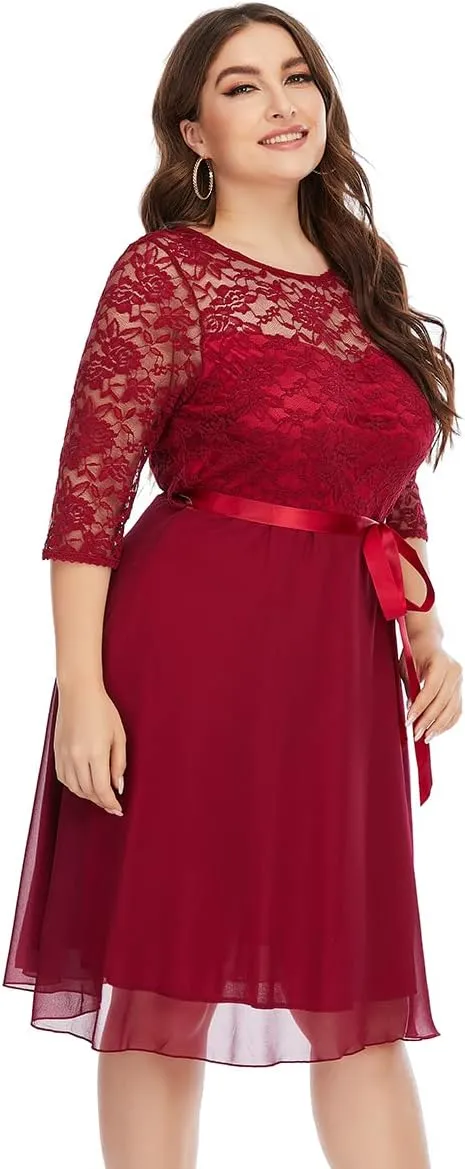 Women Plus Size Floral Lace Chiffon 3/4 Sleeve Cocktail Dress Mesh Knee Length Semi Formal Prom Fit Wedding Guest Midi Dress