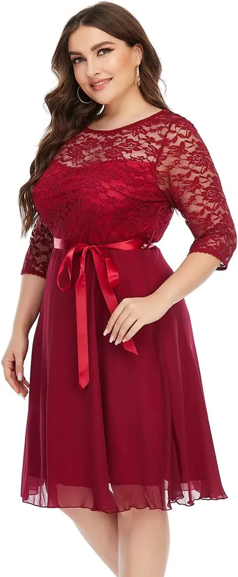 Women Plus Size Floral Lace Chiffon 3/4 Sleeve Cocktail Dress Mesh Knee Length Semi Formal Prom Fit Wedding Guest Midi Dress