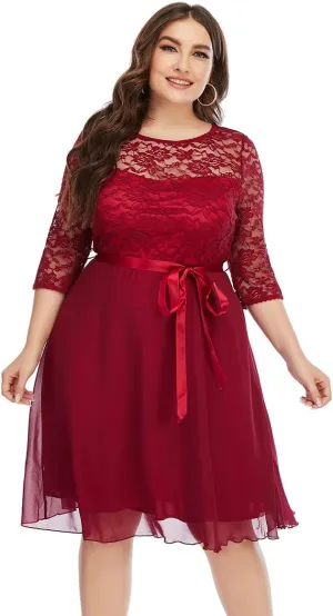 Women Plus Size Floral Lace Chiffon 3/4 Sleeve Cocktail Dress Mesh Knee Length Semi Formal Prom Fit Wedding Guest Midi Dress
