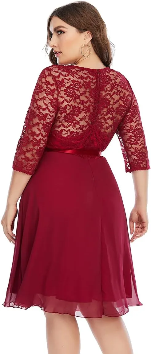 Women Plus Size Floral Lace Chiffon 3/4 Sleeve Cocktail Dress Mesh Knee Length Semi Formal Prom Fit Wedding Guest Midi Dress