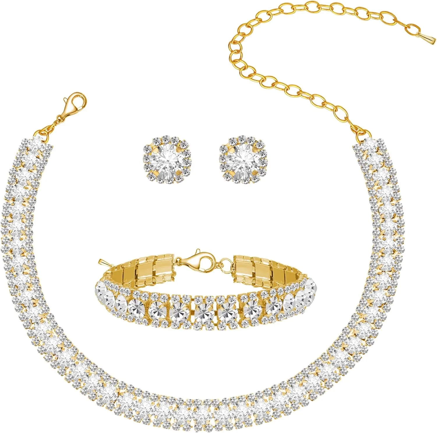 Women Rhinestone Crystal Jewelry Set Crystal Tennis Design Rhinestone Choker Necklace Link Bracelet Teardrop Earrings Set Wedding Bridal Bridesmaids Party