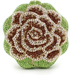 Women Round Rose Flower Crystal Evening Clutch Elegant Rhinestone Bride Purse Party Prom Wedding Handbag