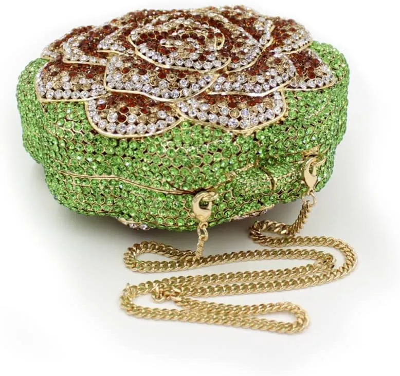 Women Round Rose Flower Crystal Evening Clutch Elegant Rhinestone Bride Purse Party Prom Wedding Handbag
