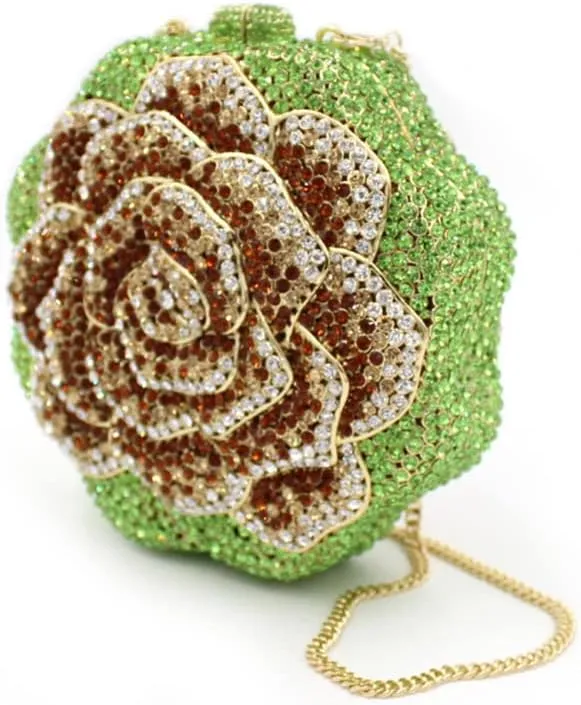 Women Round Rose Flower Crystal Evening Clutch Elegant Rhinestone Bride Purse Party Prom Wedding Handbag