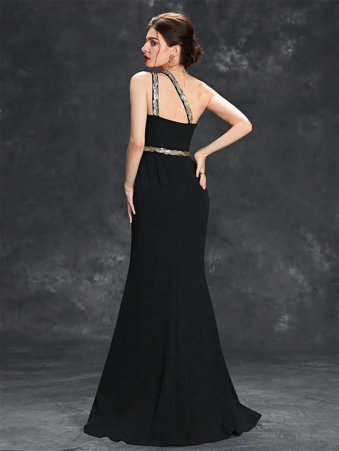 Women Sequin Ribbon Slit Backless Elegant Evening Gown Ball Party Dress Bridesmaid Dress