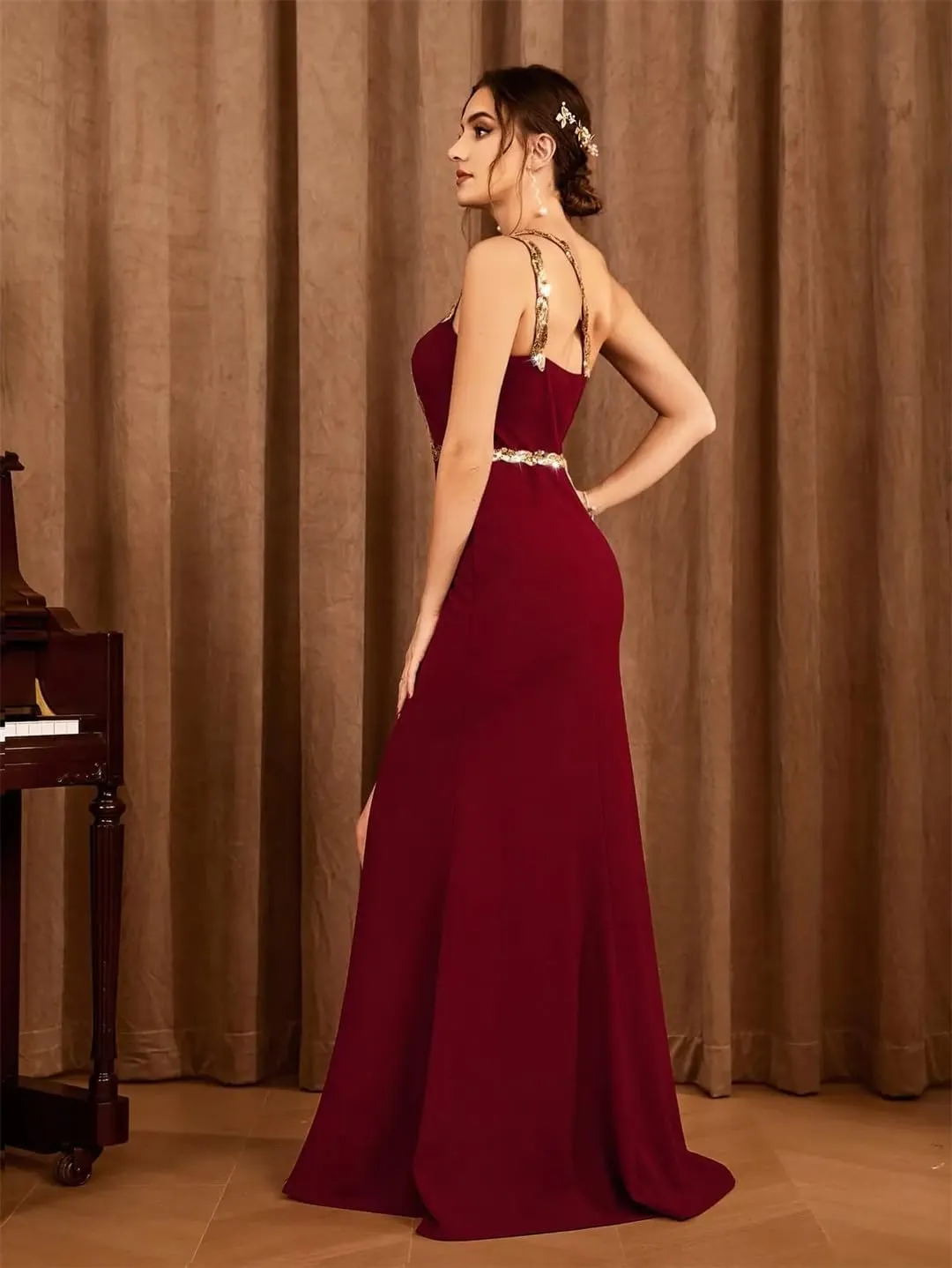 Women Sequin Ribbon Slit Backless Elegant Evening Gown Ball Party Dress Bridesmaid Dress