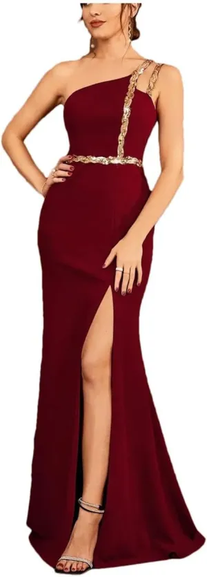 Women Sequin Ribbon Slit Backless Elegant Evening Gown Ball Party Dress Bridesmaid Dress