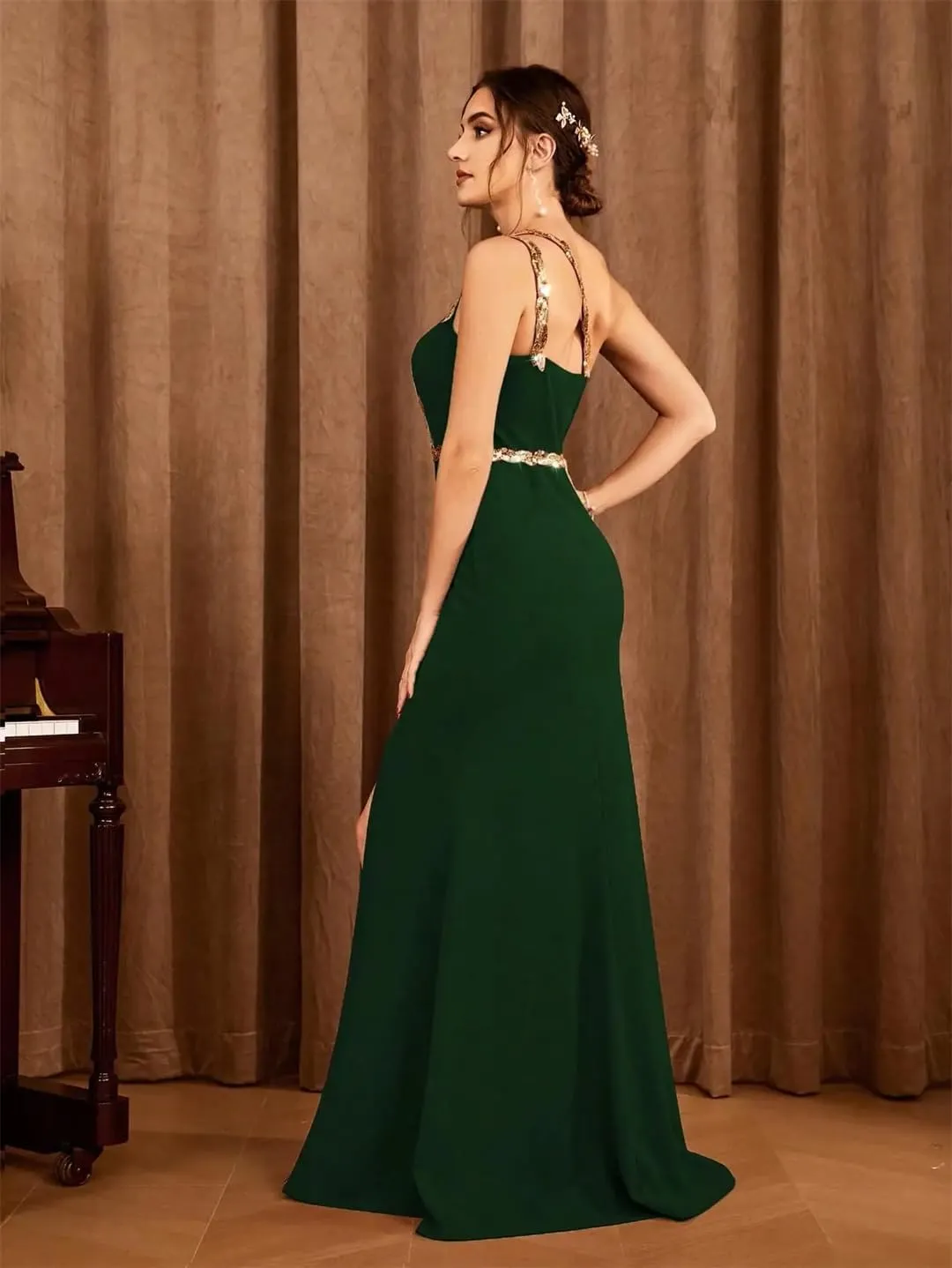 Women Sequin Ribbon Slit Backless Elegant Evening Gown Ball Party Dress Bridesmaid Dress
