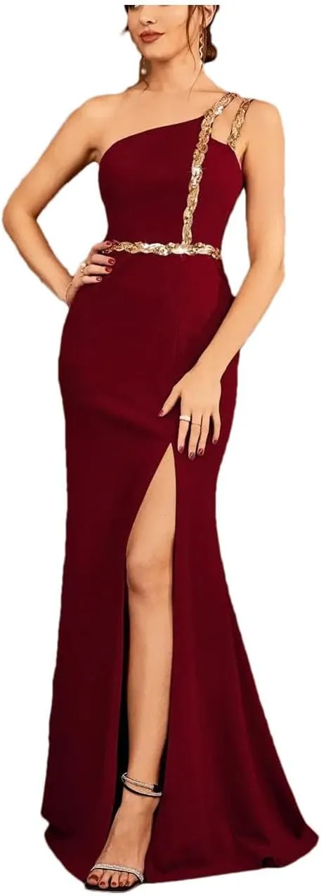 Women Sequin Ribbon Slit Backless Elegant Evening Gown Ball Party Dress Bridesmaid Dress