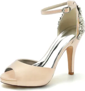 Women Sexy Peep Toe Rhinestone Stiletto High Heel Evening Pumps Ankle Strap Crystal Shoes