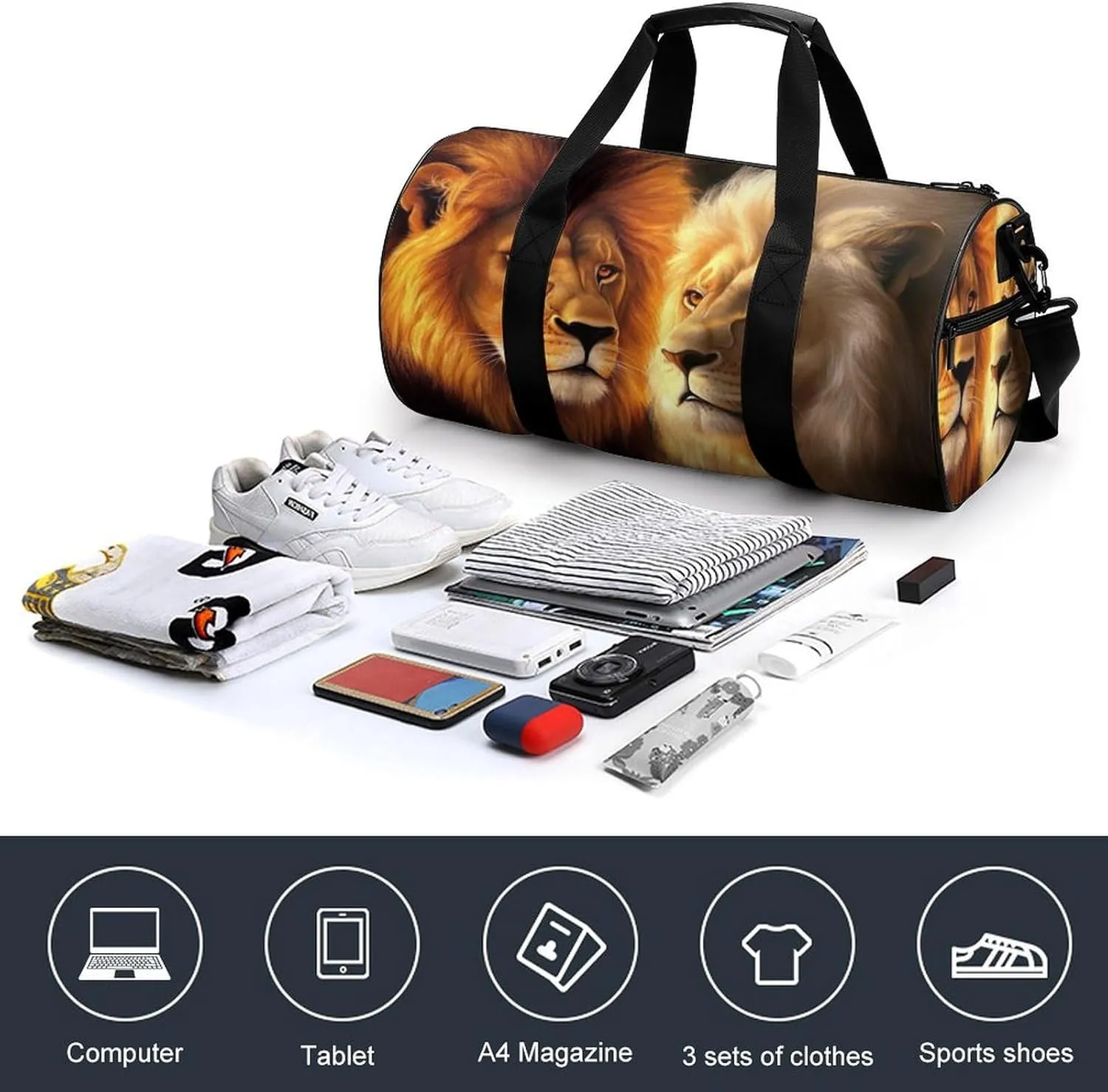 Women Sport Gym Duffle Bag, Portable Overnight Weekender Handbag Yellow Lion Animal King Yoga Bags with Wet Pocket for Fitness Travel