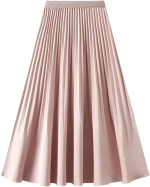 Women Spring Summer High Waisted Satin Pleated Midi Long Skirt Korean Style Elegant Loose Skirts