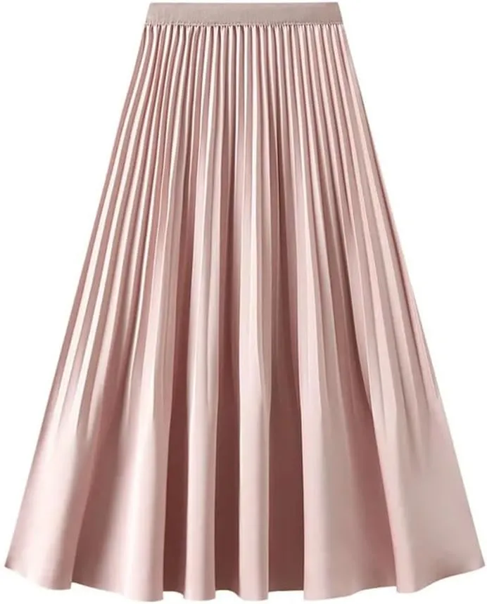 Women Spring Summer High Waisted Satin Pleated Midi Long Skirt Korean Style Elegant Loose Skirts