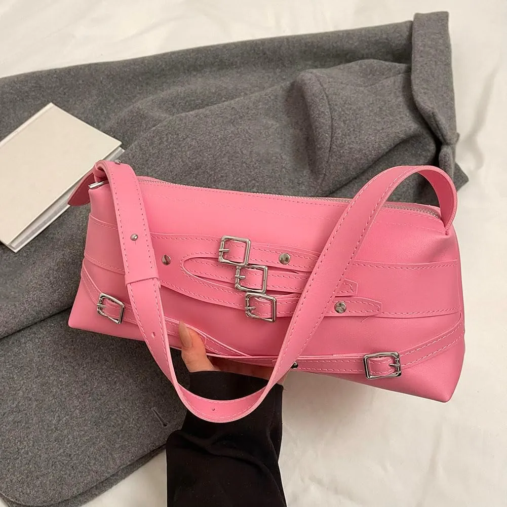 Women Trendy Shoulder Bag PU Leather Y2k Underarm Bag Adjustable Strap Cool Girl Belt Buckle Bag Shopping Travel Par