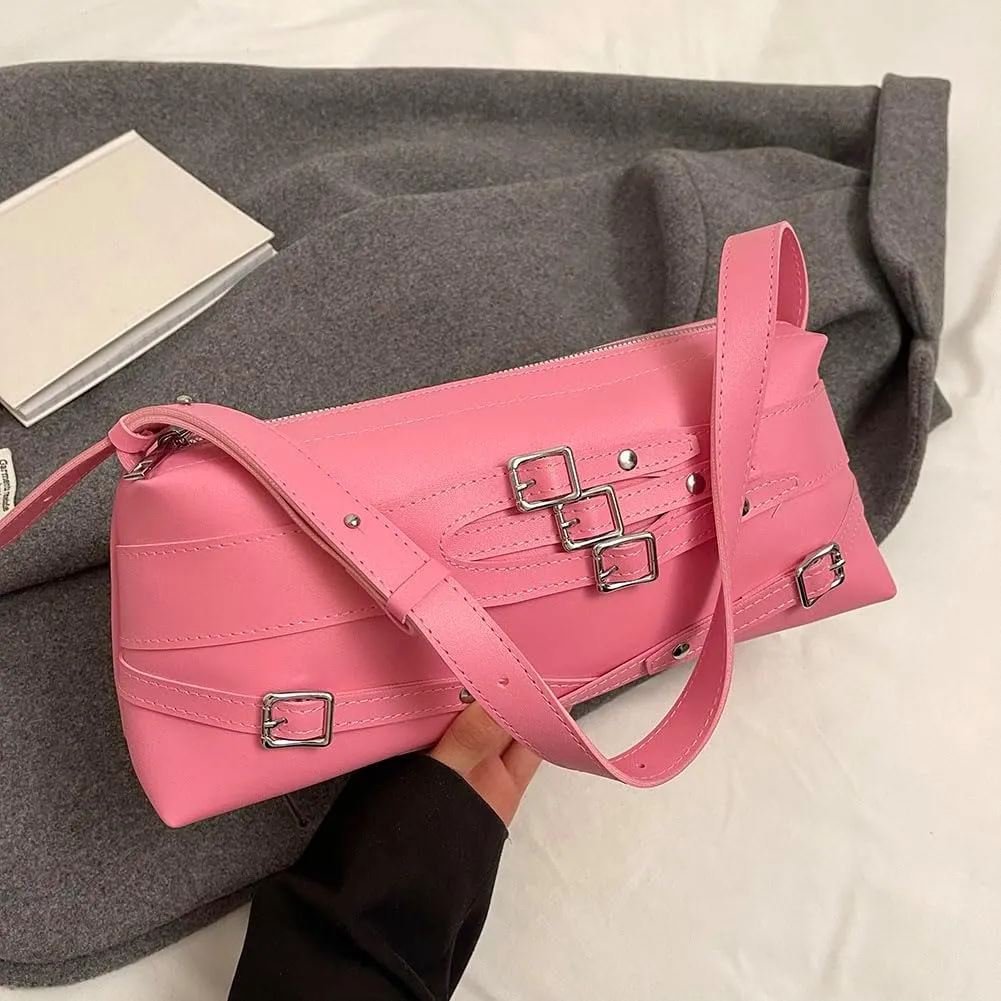 Women Trendy Shoulder Bag PU Leather Y2k Underarm Bag Adjustable Strap Cool Girl Belt Buckle Bag Shopping Travel Par
