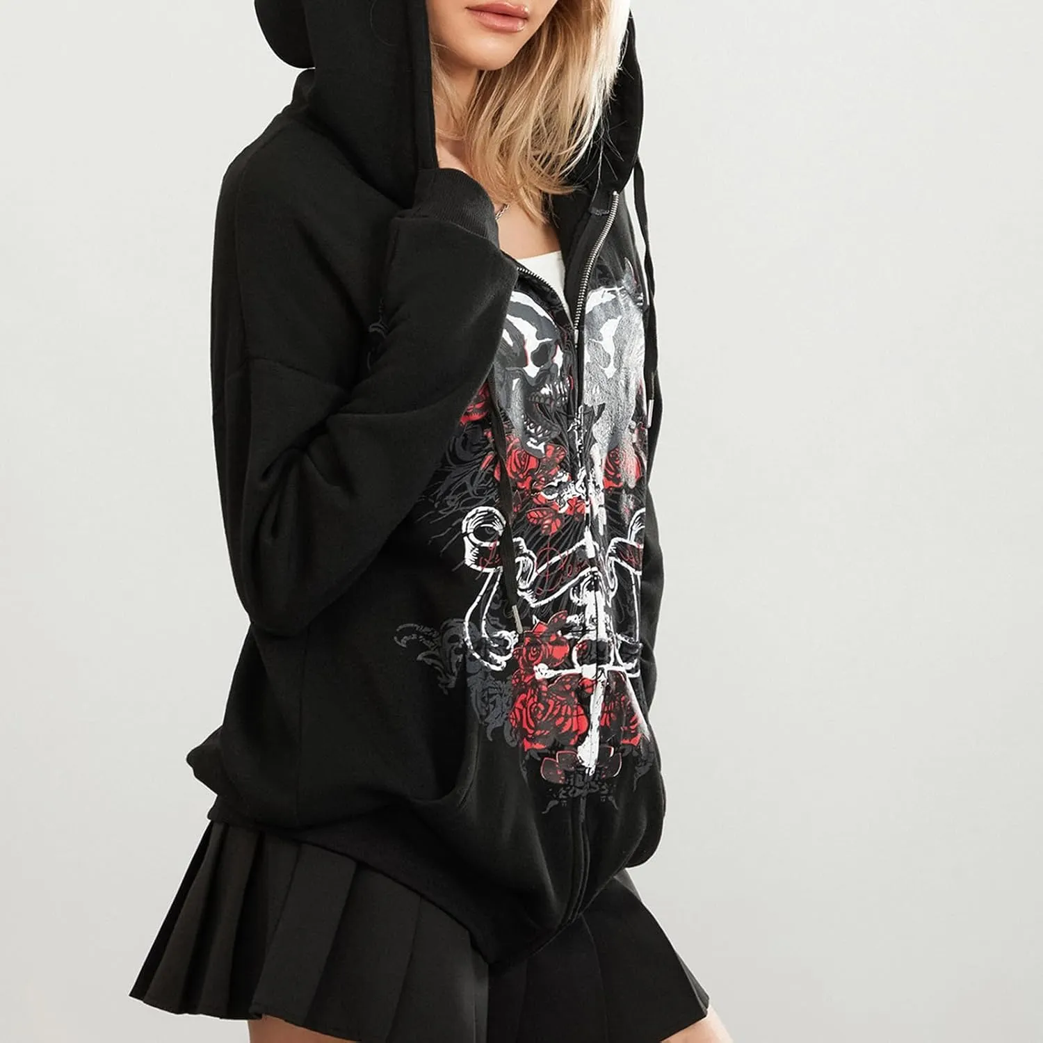 Women Y2K Skull Hoodie Graphic Zip Up Grunge Aesthetic Hoodies Casual Vintage Oversized Sweatshirt Harajuku Jacket