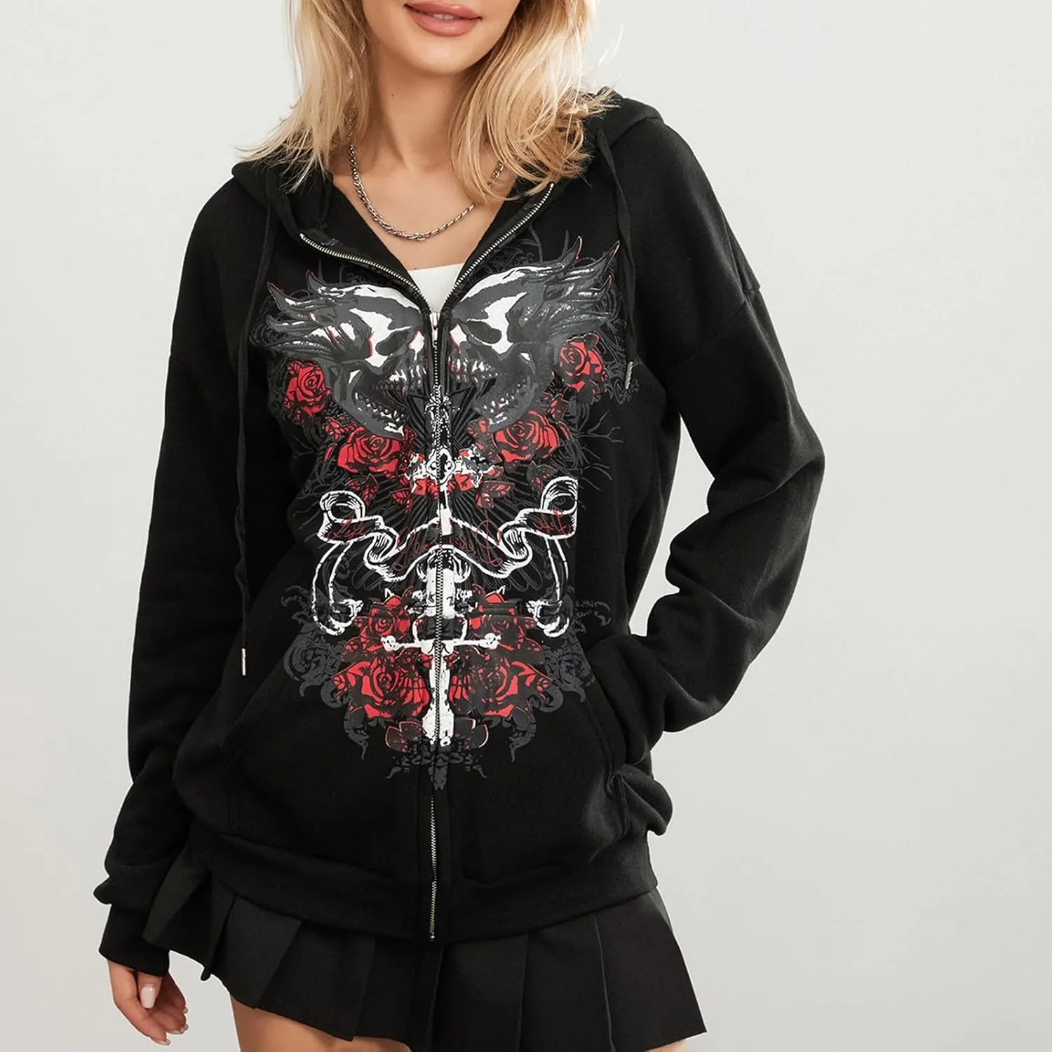 Women Y2K Skull Hoodie Graphic Zip Up Grunge Aesthetic Hoodies Casual Vintage Oversized Sweatshirt Harajuku Jacket
