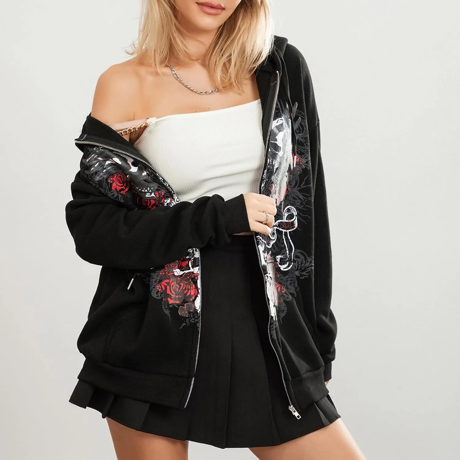 Women Y2K Skull Hoodie Graphic Zip Up Grunge Aesthetic Hoodies Casual Vintage Oversized Sweatshirt Harajuku Jacket