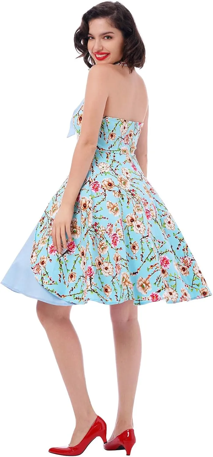 Womens 1950s Retro Rockabilly Princess Cosplay Dress Floral Halter Audrey Hepburn 50's 60's Party Costume Gown