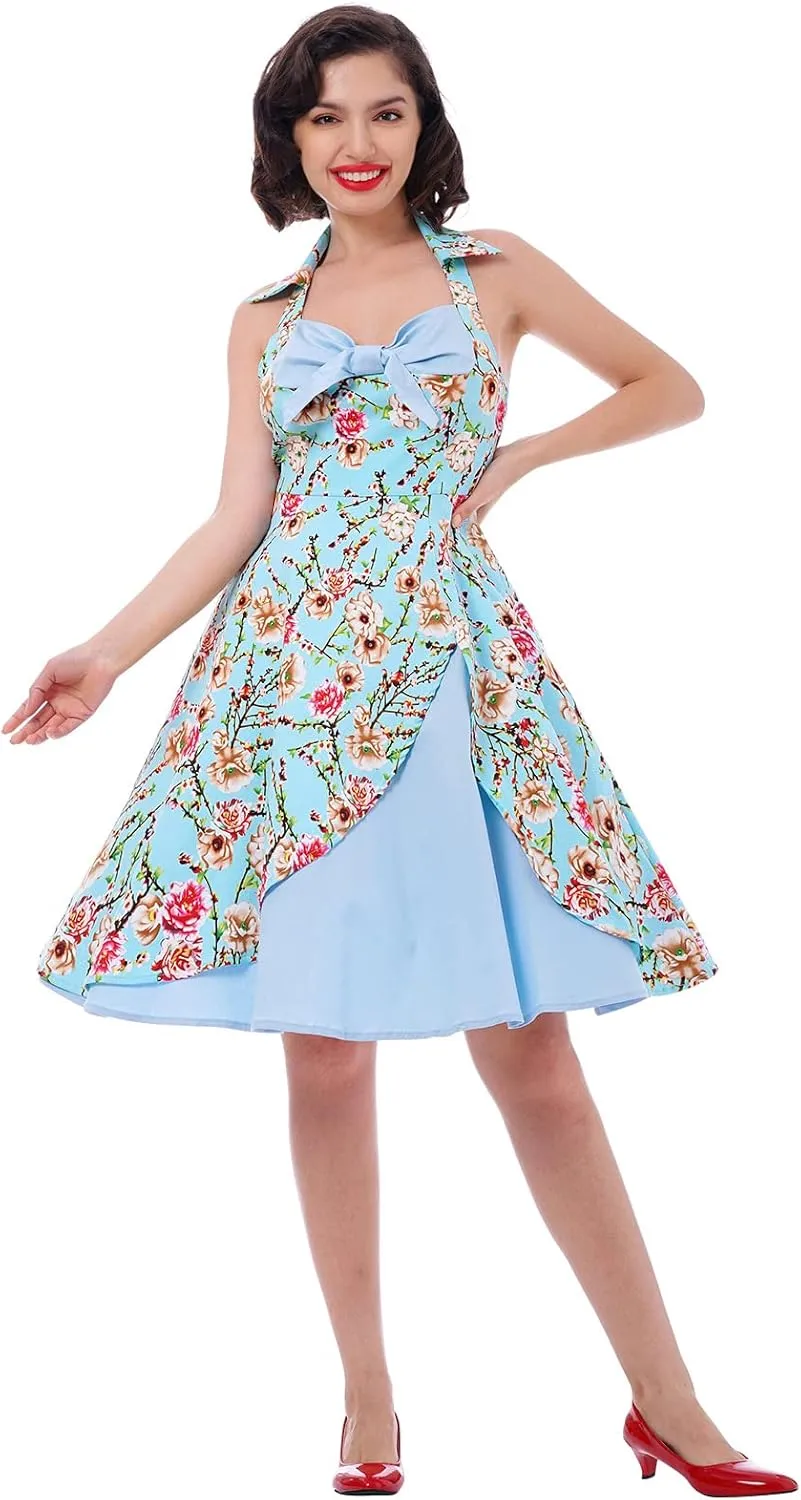 Womens 1950s Retro Rockabilly Princess Cosplay Dress Floral Halter Audrey Hepburn 50's 60's Party Costume Gown
