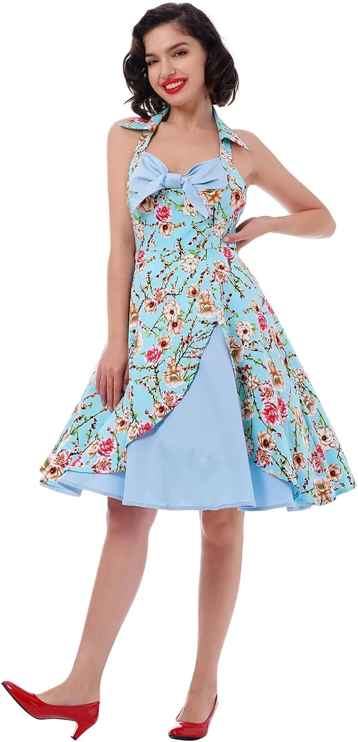 Womens 1950s Retro Rockabilly Princess Cosplay Dress Floral Halter Audrey Hepburn 50's 60's Party Costume Gown