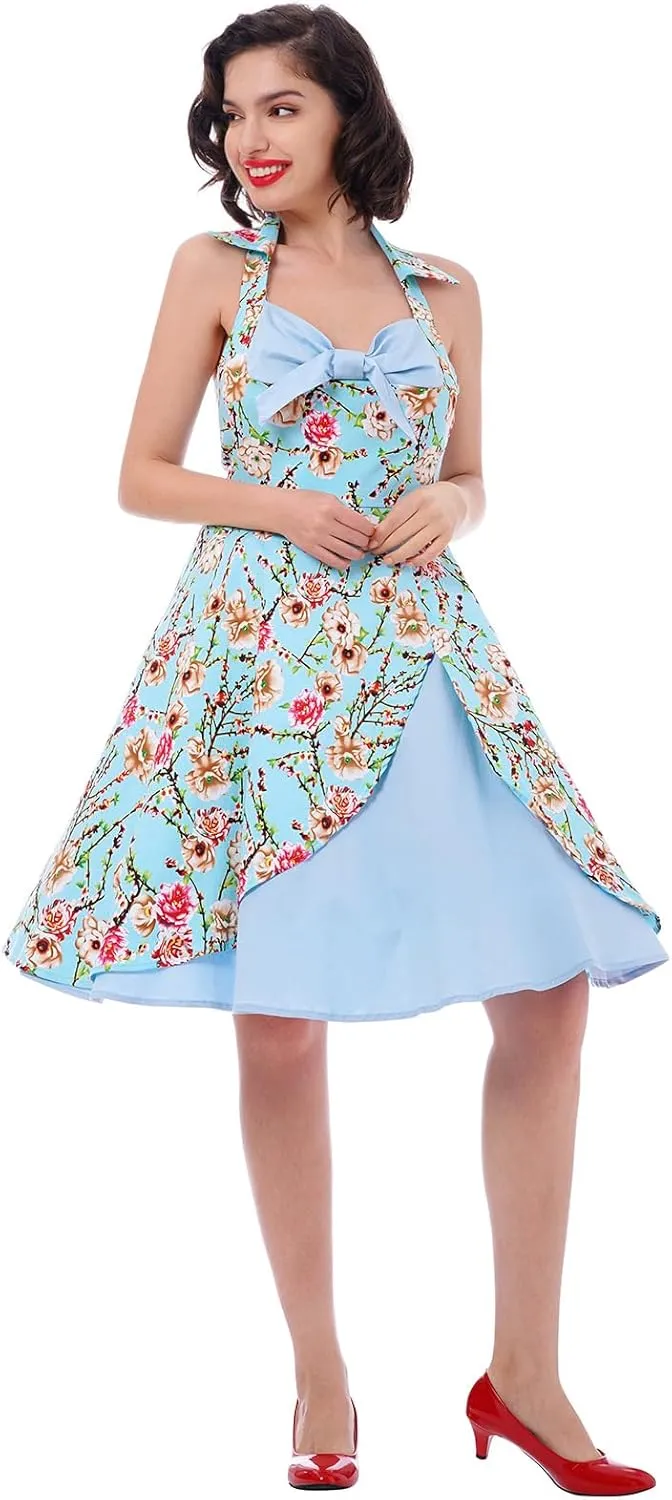 Womens 1950s Retro Rockabilly Princess Cosplay Dress Floral Halter Audrey Hepburn 50's 60's Party Costume Gown