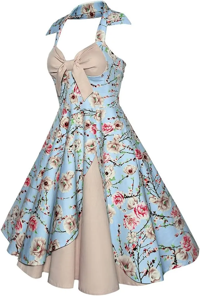 Womens 1950s Retro Rockabilly Princess Cosplay Dress Floral Halter Audrey Hepburn 50's 60's Party Costume Gown