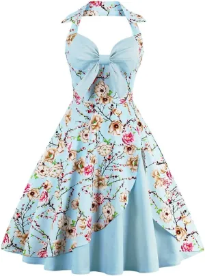 Womens 1950s Retro Rockabilly Princess Cosplay Dress Floral Halter Audrey Hepburn 50's 60's Party Costume Gown