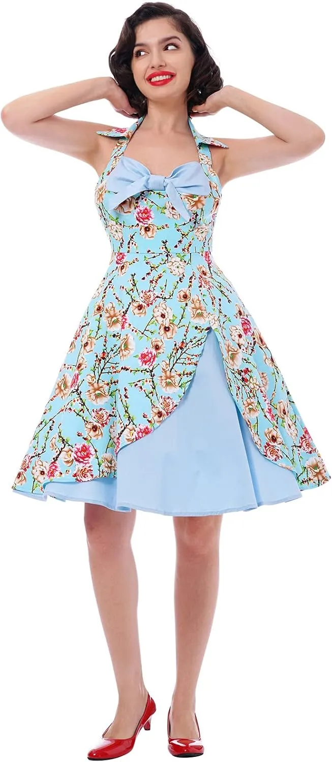 Womens 1950s Retro Rockabilly Princess Cosplay Dress Floral Halter Audrey Hepburn 50's 60's Party Costume Gown