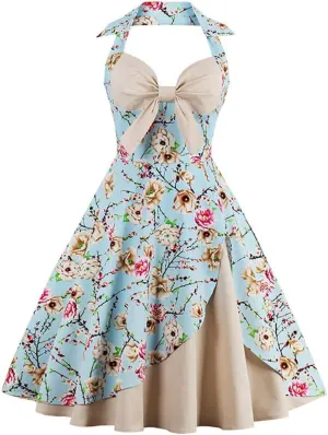 Womens 1950s Retro Rockabilly Princess Cosplay Dress Floral Halter Audrey Hepburn 50's 60's Party Costume Gown