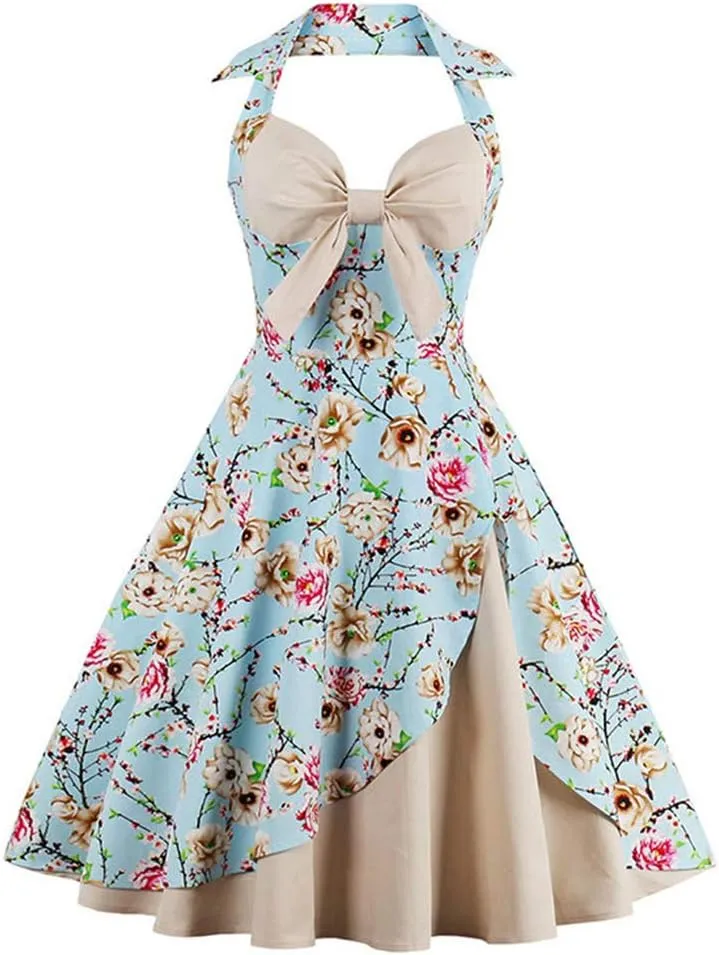 Womens 1950s Retro Rockabilly Princess Cosplay Dress Floral Halter Audrey Hepburn 50's 60's Party Costume Gown