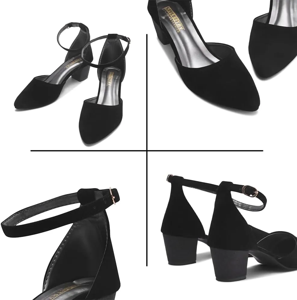 Women’s Black High Heel Ankle Strap Closed Toe Chunky Pumps – Stylish & Comfortable Heels for Office, Party, and Evening Wear