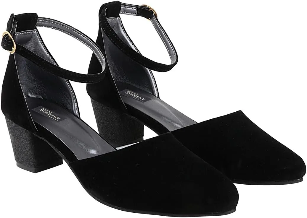 Women’s Black High Heel Ankle Strap Closed Toe Chunky Pumps – Stylish & Comfortable Heels for Office, Party, and Evening Wear