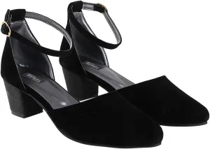 Women’s Black High Heel Ankle Strap Closed Toe Chunky Pumps – Stylish & Comfortable Heels for Office, Party, and Evening Wear