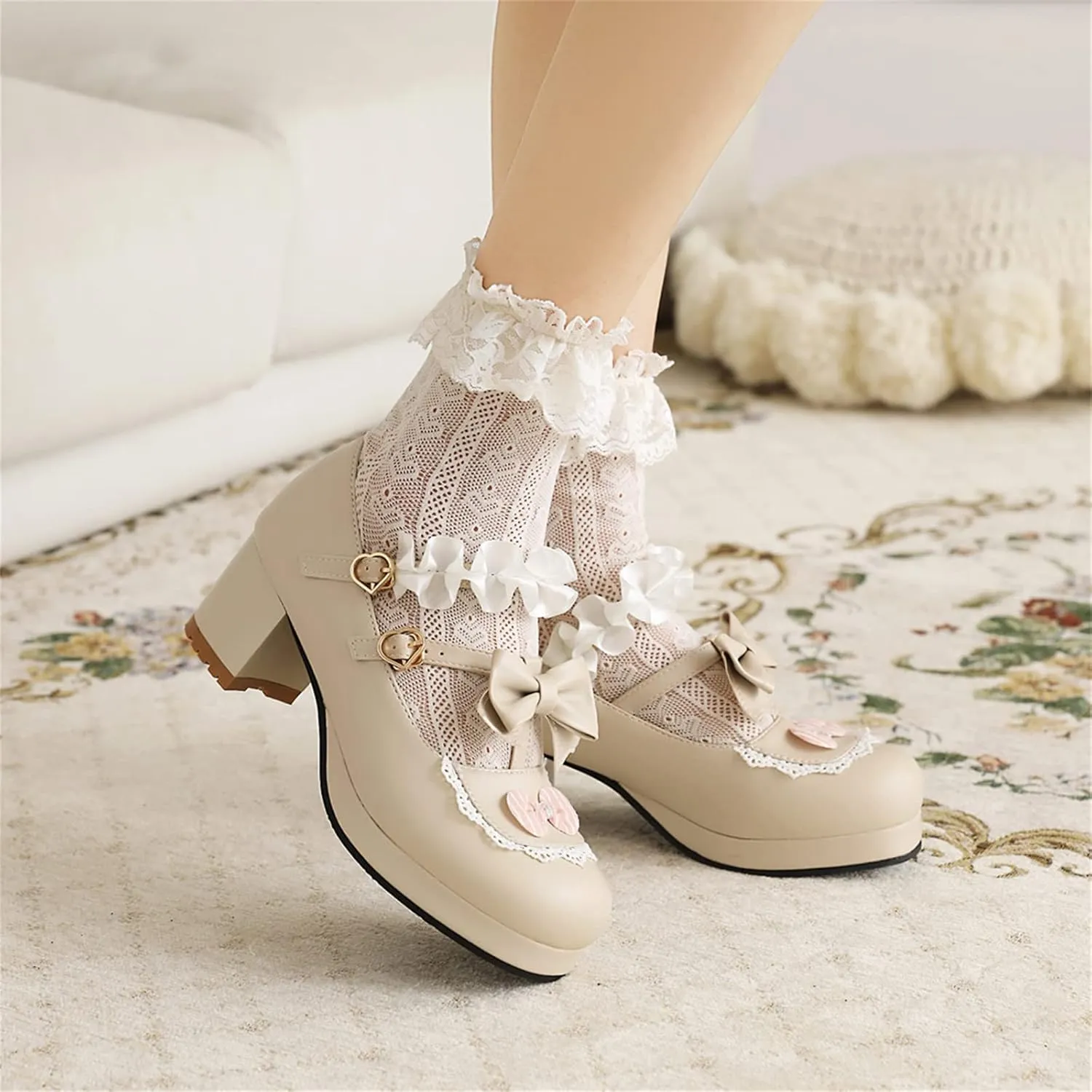 Women's Block Chunky Heel Round Toe Double Strappy Bow Heart Buckle Sweet Lolita Pumps Platform Pleated Bordered Goth Harajuku Kawaii Shoe Uniform Shoes
