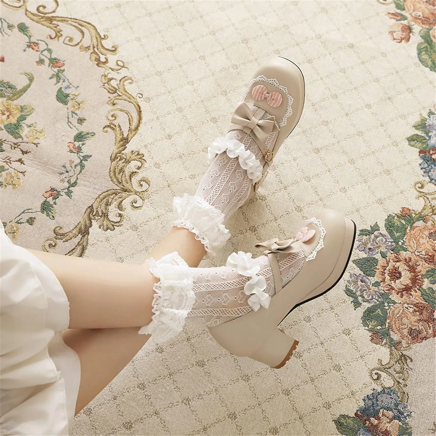 Women's Block Chunky Heel Round Toe Double Strappy Bow Heart Buckle Sweet Lolita Pumps Platform Pleated Bordered Goth Harajuku Kawaii Shoe Uniform Shoes