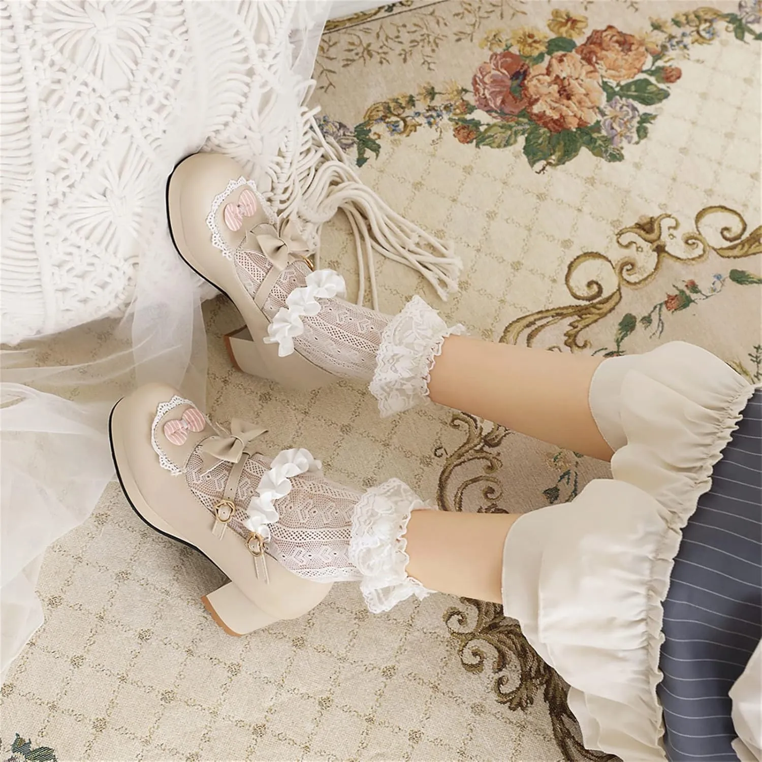 Women's Block Chunky Heel Round Toe Double Strappy Bow Heart Buckle Sweet Lolita Pumps Platform Pleated Bordered Goth Harajuku Kawaii Shoe Uniform Shoes